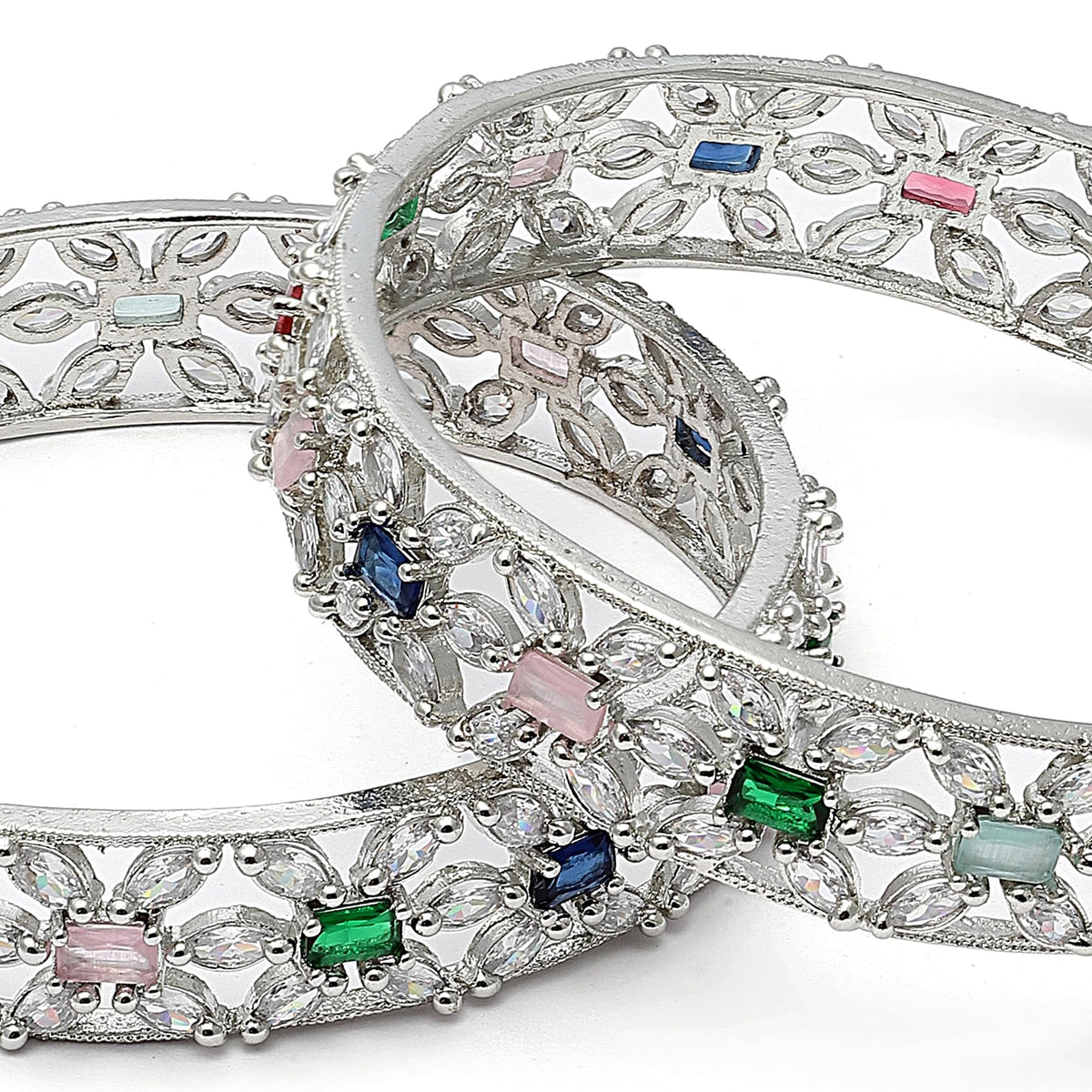 ZENEME Rhodium-Plated Silver Toned American Diamond Square Shaped studded Bangle Jewellery Set for Girls and Women (Set Of 2) T4 Jewels