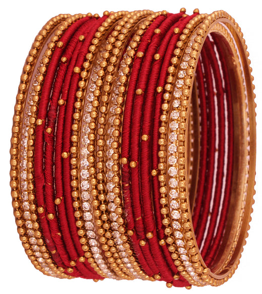 T4 Jewels Non-Precious Metal with Base Metal and Zircon Gemstone Studded Ball Chain Linked Glossy Finished Silk thread Bangle set