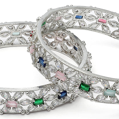 ZENEME Rhodium-Plated Silver Toned American Diamond Square Shaped studded Bangle Jewellery Set for Girls and Women (Set Of 2) T4 Jewels