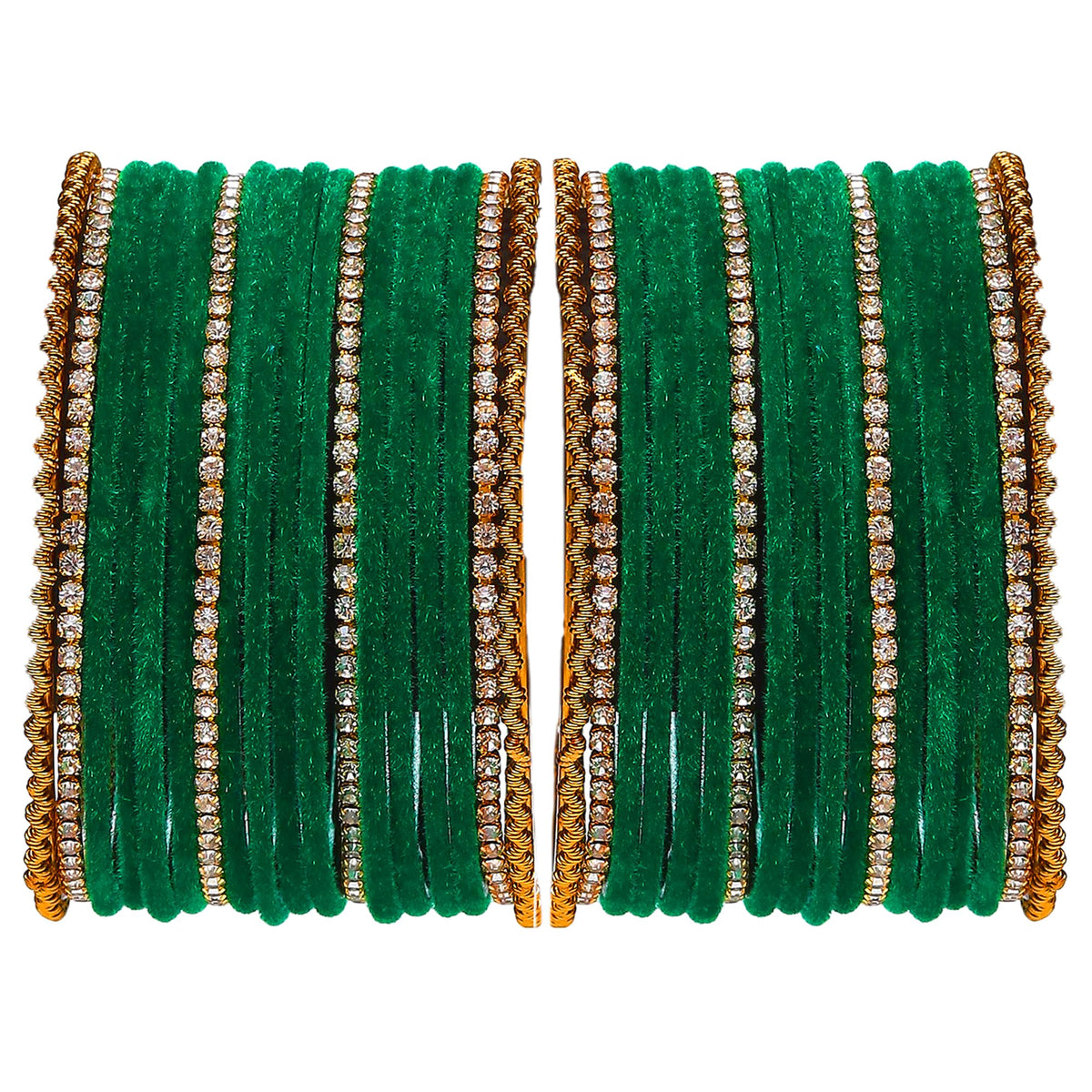 ZENEME Gold-Plated Matte Finish Velvet White American Diamonds Studded Bangles Set Of 36 For Girls and Women Green T4 Jewels
