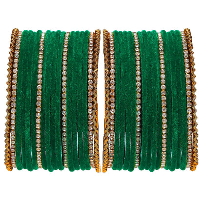 ZENEME Gold-Plated Matte Finish Velvet White American Diamonds Studded Bangles Set Of 36 For Girls and Women Green T4 Jewels
