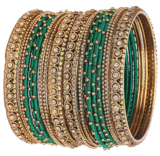 T4 Jewels Metal with Golden Zircon Gemstone & Silk Thread Studded worked Ball Chain Linked Stylish Bangle Set - TH20