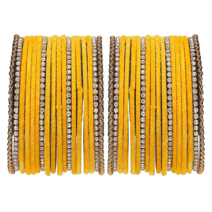 ZENEME Gold-Plated Matte Finish Velvet White American Diamonds Studded Bangles Set Of 36 For Girls and Women Yellow T4 Jewels