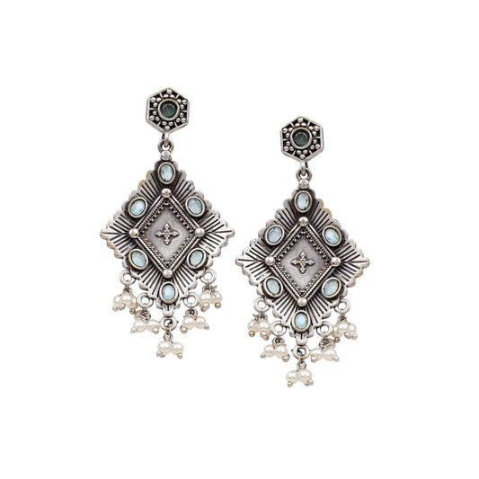 Oxidized Jhumki Earring with Sea Blue Stone - T4 Jewels