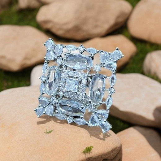 T4 Jewels Free Size Square Design American Diamond Silver Color Ring