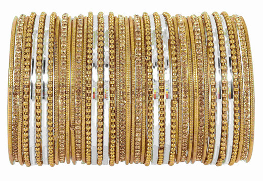 T4 Jewels Non-Precious Metal with Base Metal Zircon Gemstone Studded Glossy Finished Ballchain Linked Gold Plated Cutting Pattern Bangle set for Women and Girls