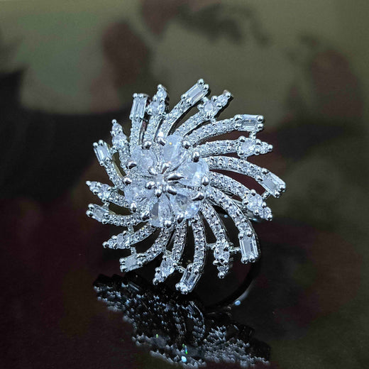 T4 Jewels Chakra Design Silver Colour Free Size American Diamond Ring