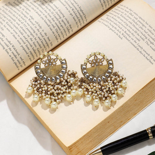 Golden Jhumki Earring with Mirrorwork by T4 Jewels