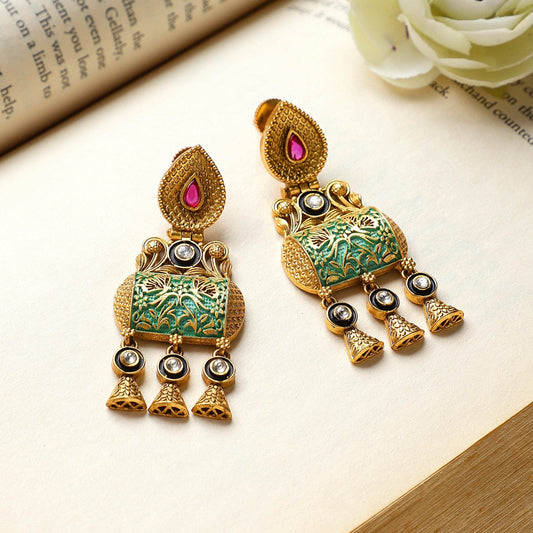 Temple Jewellery Earring with Meenakari Kundan and Gold Polish by T4 Jewels - T4 Jewels