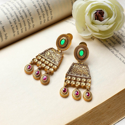 Temple Jewellery Earring with Coloured Stones and Gold Polish by T4 Jewels - T4 Jewels