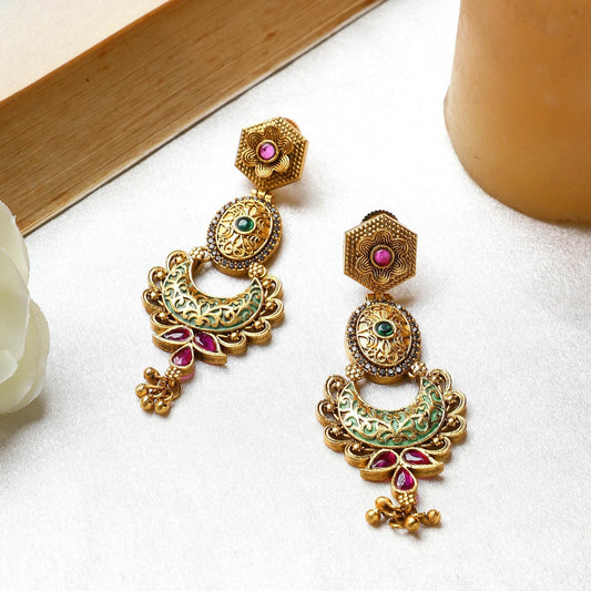 Temple Jewellery Earring with Coloured Stones and Gold Polish by T4 Jewels - T4 Jewels