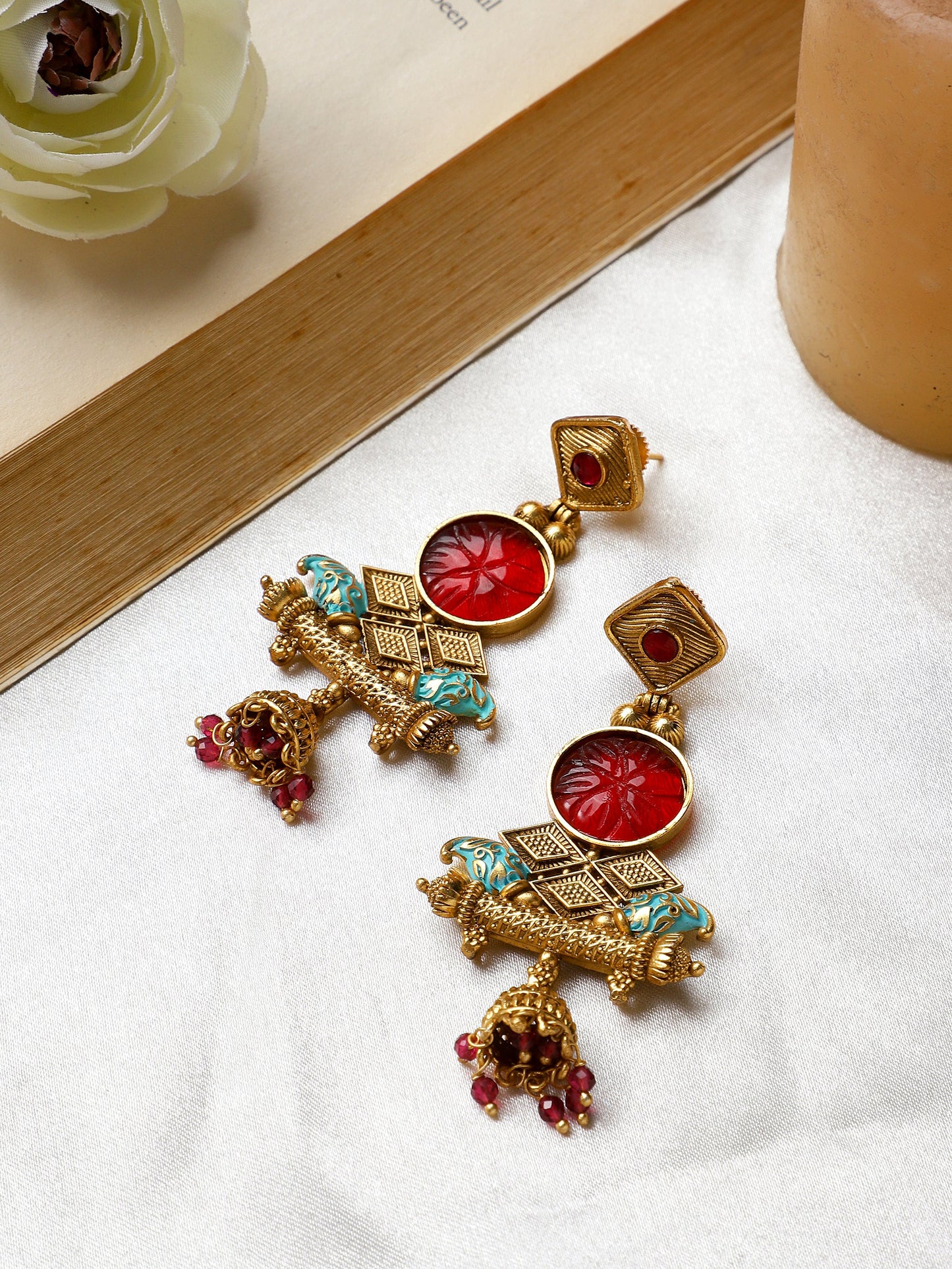 Temple Jewellery Earring with Meenakari & Jhumka by T4 Jewels - T4 Jewels