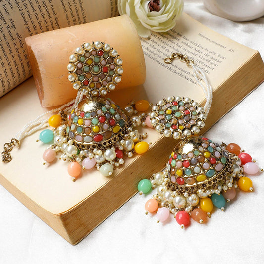 Multicoloured Kundan Jhumki Earring with hanging beads by T4 Jewels - T4 Jewels