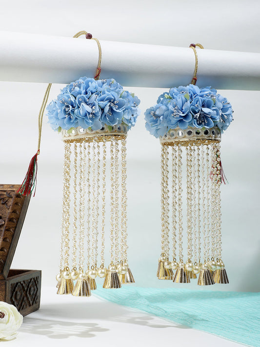 Floral Blue Hand Kaleera with Long Beaded Hanging and Mirrorwork by T4 Jewels