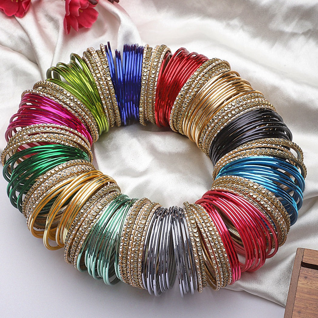 Colourful Bangle Bunch with Shining and Kundan Bangles (12 Colours)