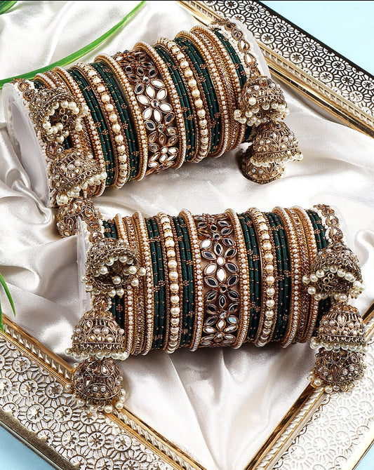 Traditional Jhumki Bangle Set with Thread Bangles and Mirror Kada