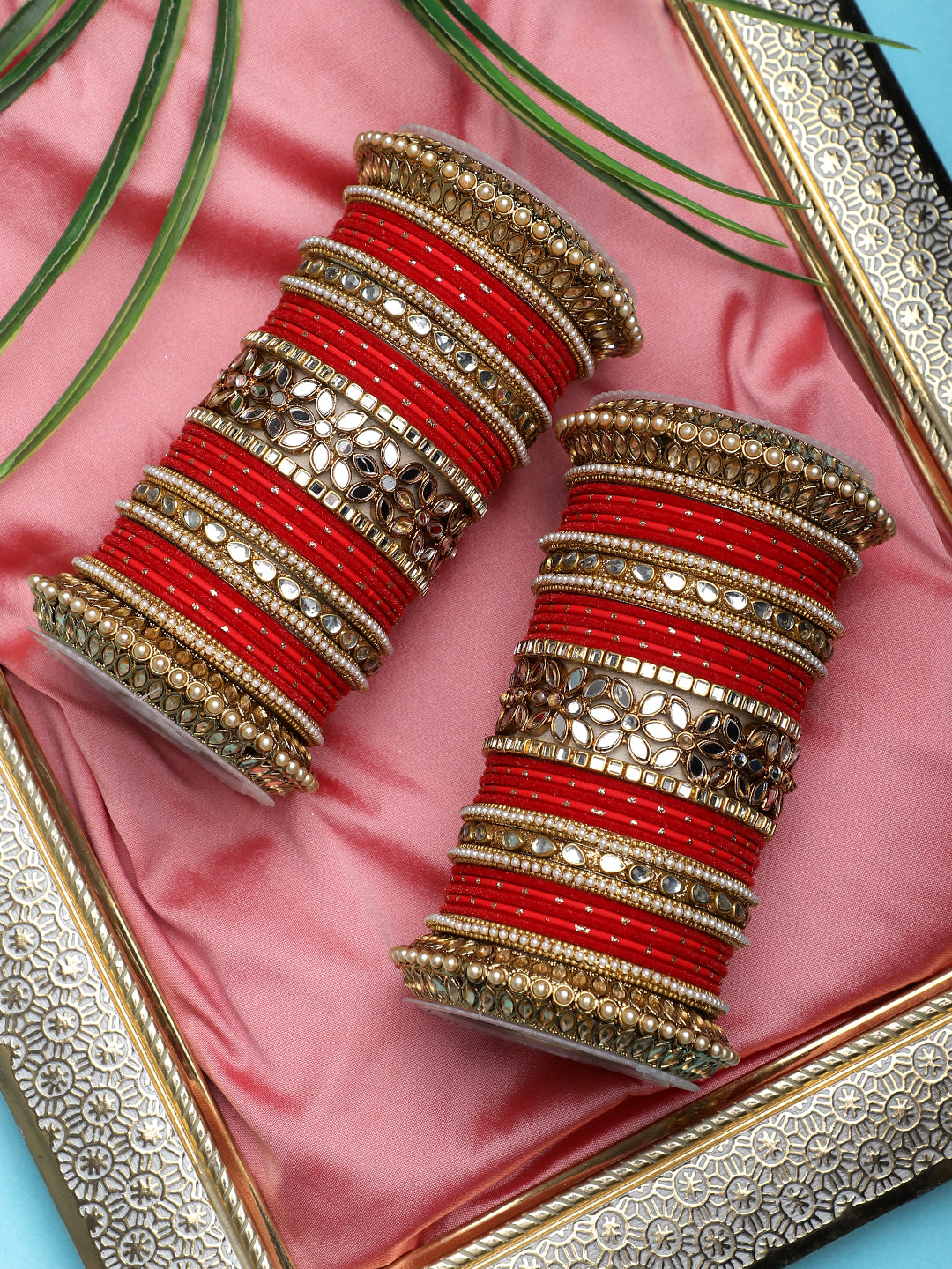 Bridal Bangle Set with Flower Mirror Kada and Pacheli by T4 Jewels