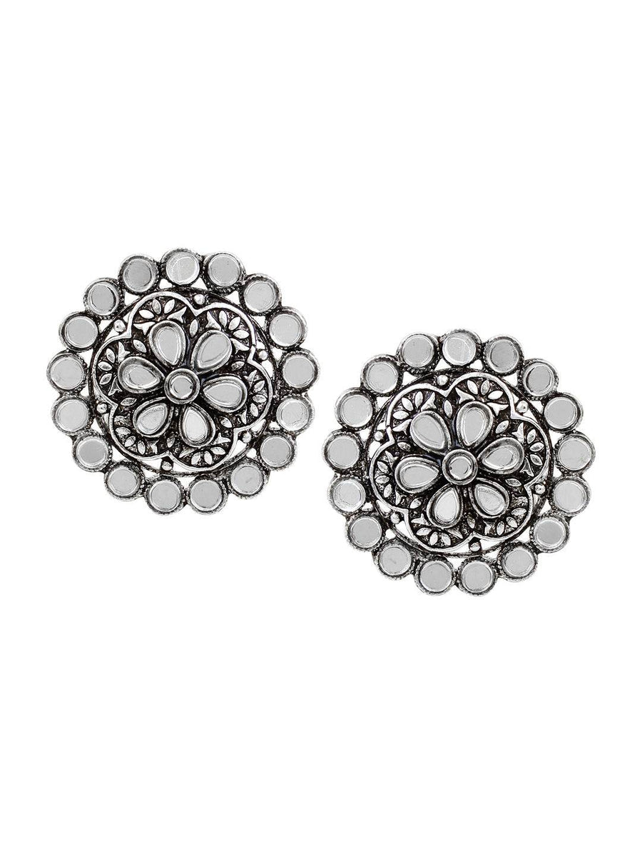 Oxidized Flower shape Earring with Mirrorwork  by T4 Jewels