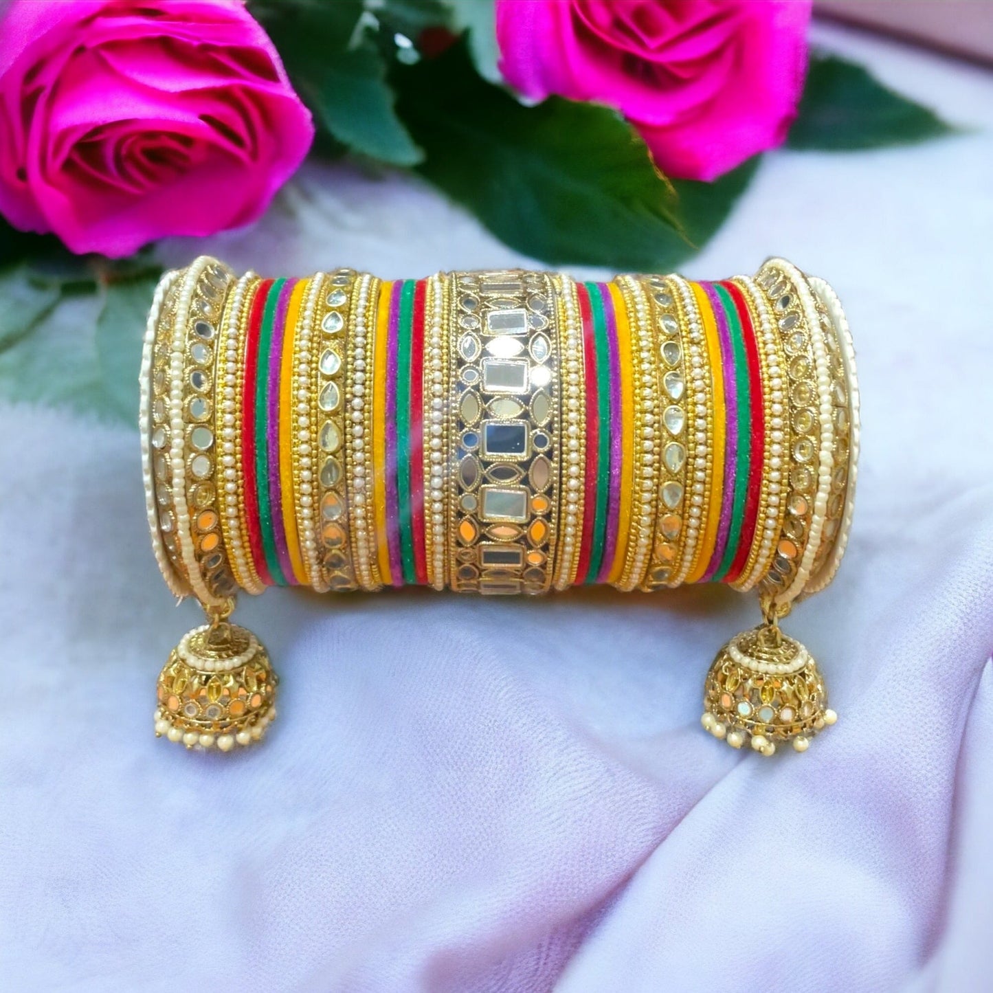 Traditional Mirror Bangle Set with Velvet Bangles with Jhumki by T4 Jewels