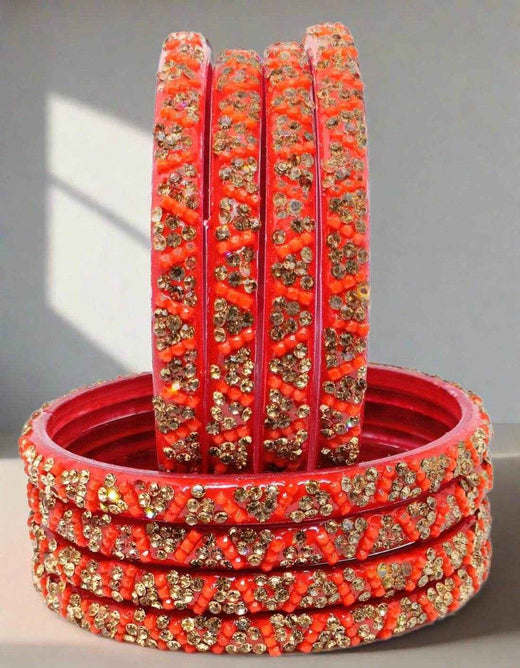T4 Jewels (Large Size) Red, Green MultiColor Glass Kada Bangles (Pack Of 8)-KVT