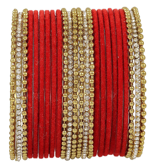 T4 Jewels Red Color Velvet Bangle Set With Zircon Bangles.