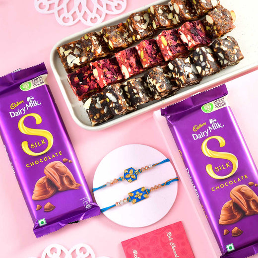 T4 Jewels Pack of 2 Rakhi with Chocolate Bites & Dairy Milk Silk - SR14