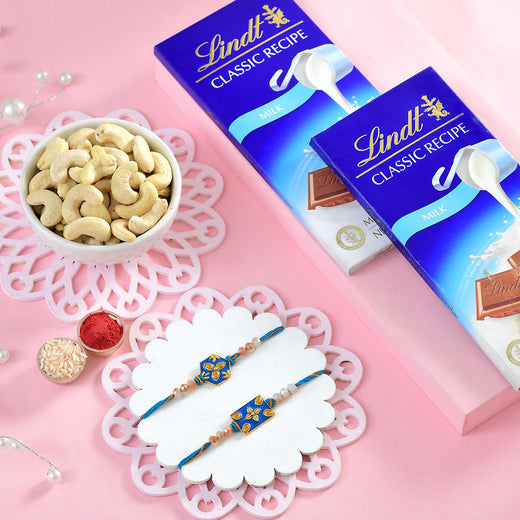 T4 Jewels Pack of 2 Rakhi with Lindt Chocolate & Cashews - SR15