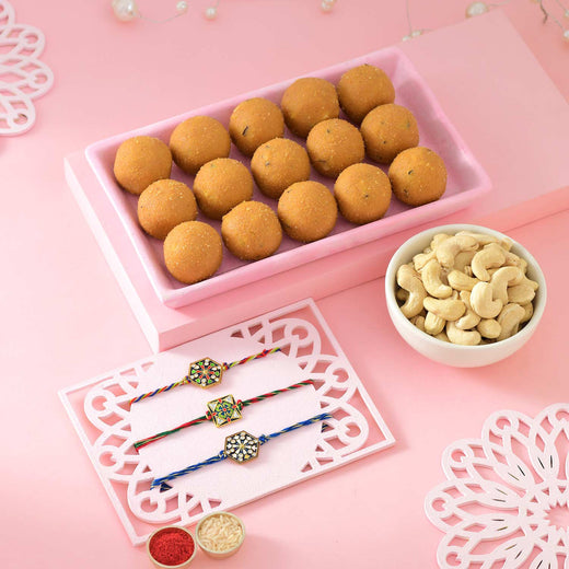 T4 Jewels Pack of 3 Different Colour Rakhi with Besan Ke Laddu & Cashews - SR17