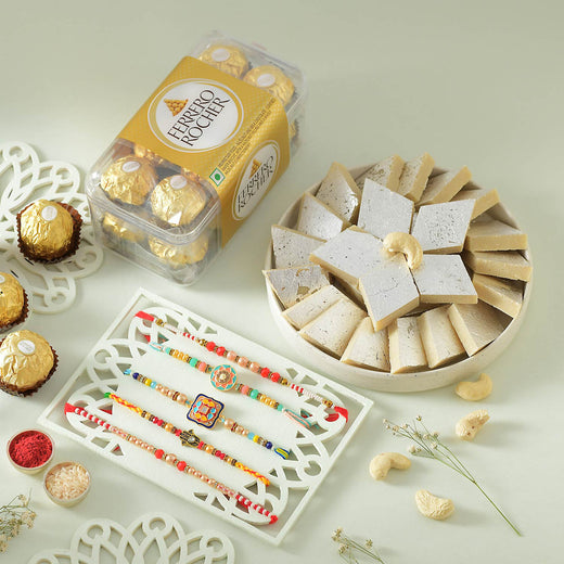 T4 Jewels Latest Rakhi Sets With 16Pcs Ferrero Rocher & Kaju Katli (Pack Of 5)- SR21