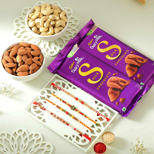 T4 Jewels Premium Rakhi Set With Kaju, Badam😋 & Dairy Milk SIlk(2) 🍫 - SR24