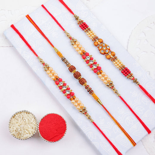 Golden Floral Rakhi with Pearls & Crystal Beads | Rakhi for Bhai – Rakshabandhan 2025 (Pack Of 4)- SR59