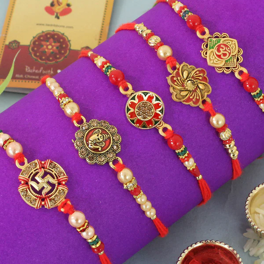 T4 Jewels Floral Moti Rakhi 👌with Red and Gold Accents😍 (Pack Of 5) – SR64