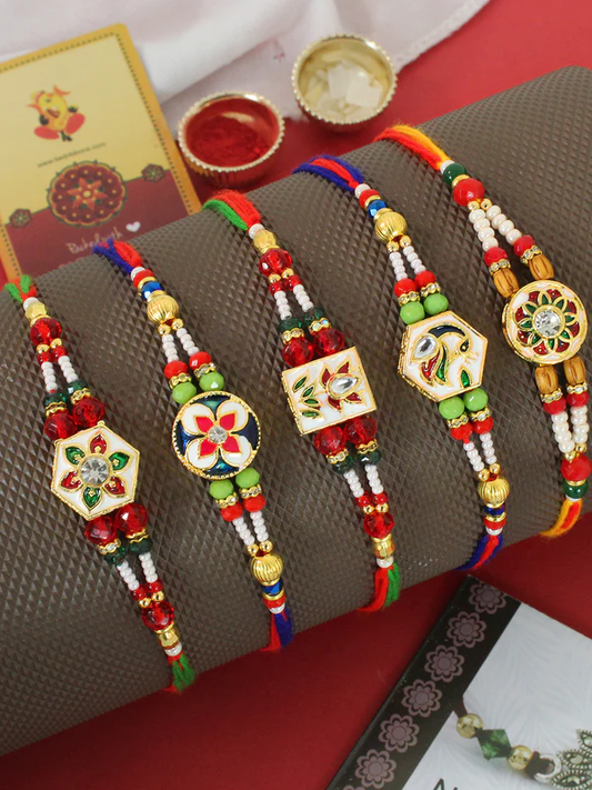 T4 Jewels 🦚Peacock-Inspired Rakhi🏵️ Design with Embellishments (Pack Of 5️⃣)– SR68