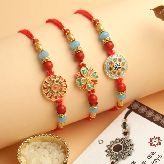 T4 Jewels Trio 3️⃣of Enamelled Floral Moti🏵️ Rakhis – SR72