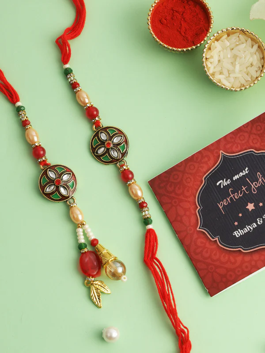 T4 Jewels Leaf-Hanging 🪂Bhaiya Bhabhi 🏵️Beaded Rakhi Duo – SR73
