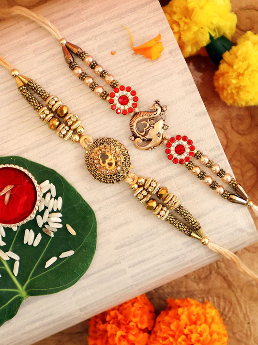 T4 Jewels Elegant 🕉️Om & Red Floral Beads Rakhi Set 🏵️– SR75