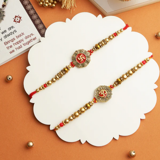 T4 Jewels Gold Om & Swastika 🕉️Symbols on Pearl-Rakhi🏵️ – SR76