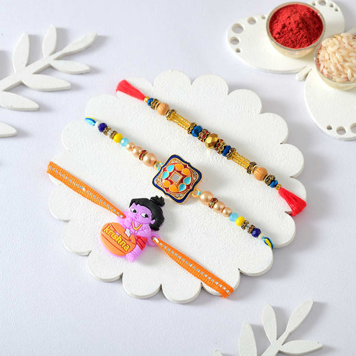 T4 Jewels Trio Rakhi Set – Traditional Square Design Elegance with Divine Krishna Charm-SR8