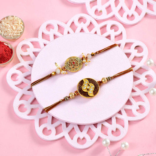 T4 Jewels Traditional Designer Rakhi Set with Kundan and Pearl Beads – Premium Rakhi for Brother (Pack of 2) – SR9A