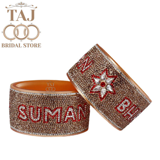 Couple Name Kada Set with Beautiful Flower (Pack of 2) 2.8 Name Bangles T4 Jewels