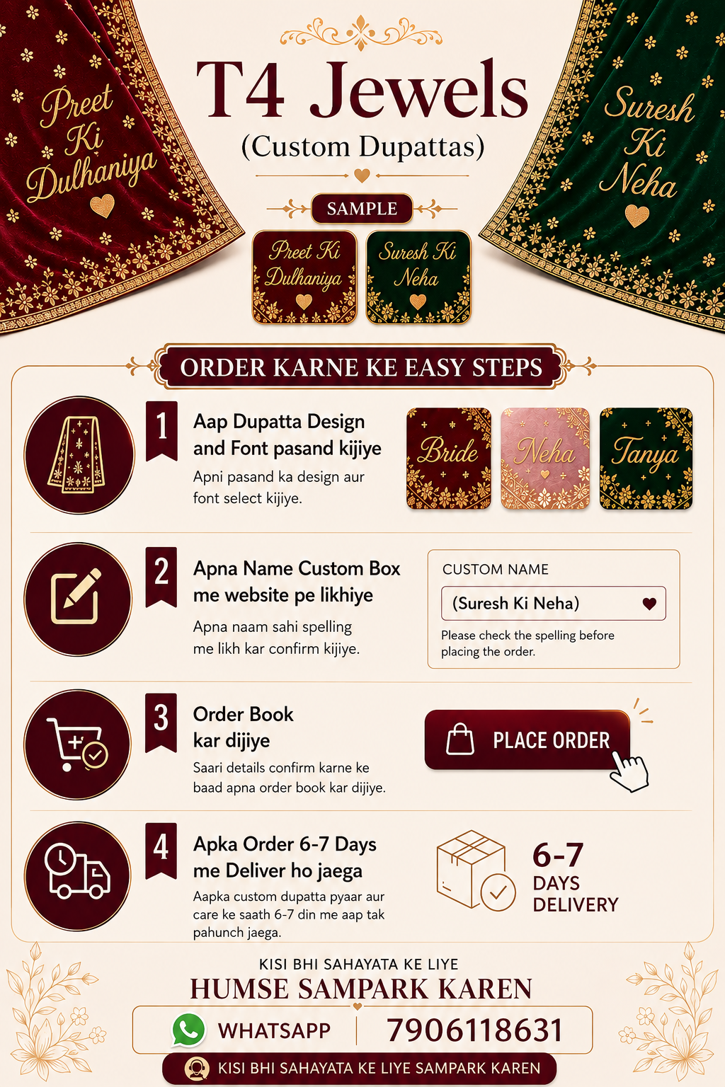 A promotional infographic for T4 Jewels custom dupatta orders, featuring decorative maroon and gold dupatta designs at the top, a sample card, and a step-by-step ordering guide with icons and text on a cream background.